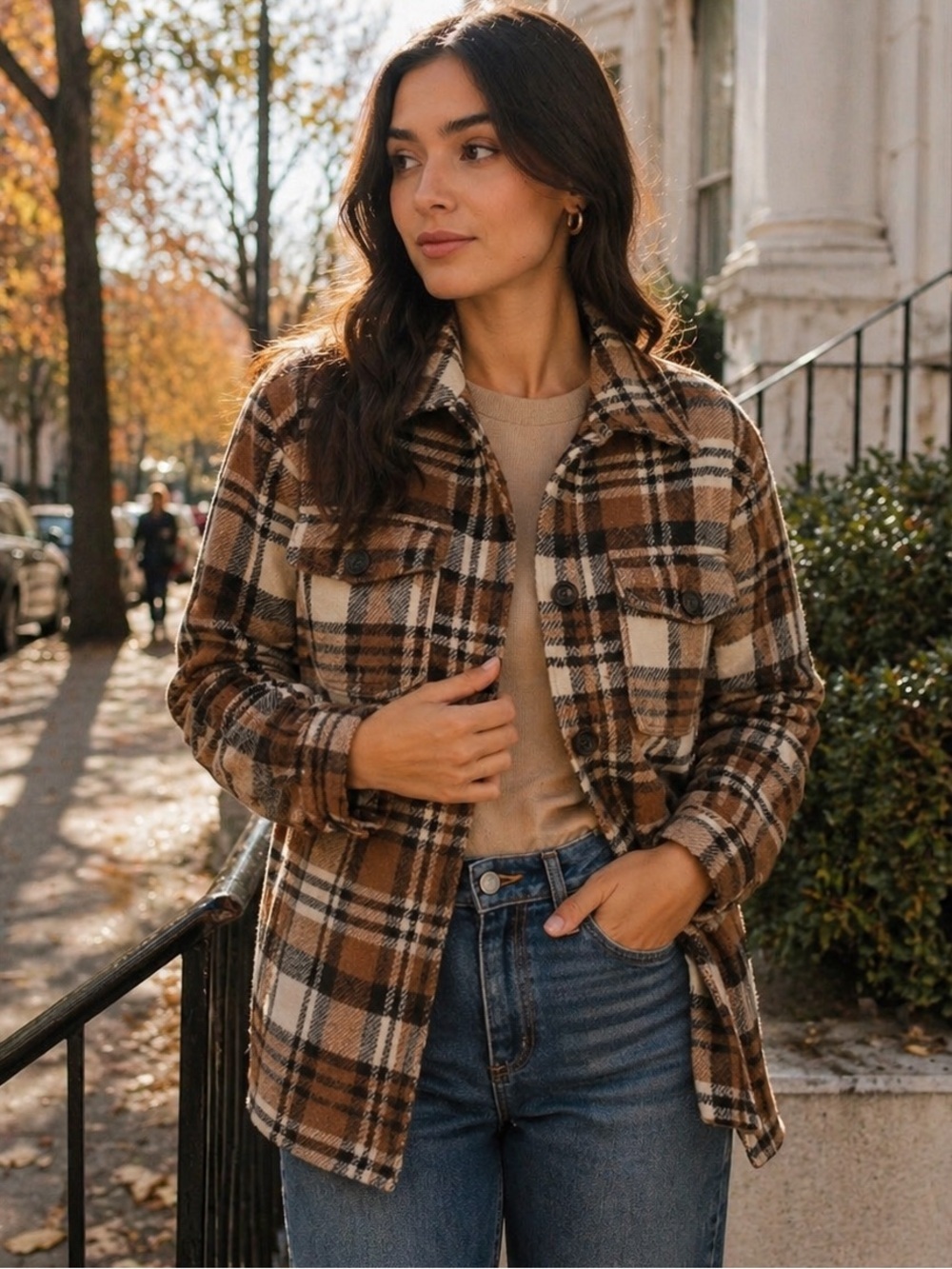 Miss Selfie Plaid Flannel Shacket Jacket Women’s Medium Utility Coat